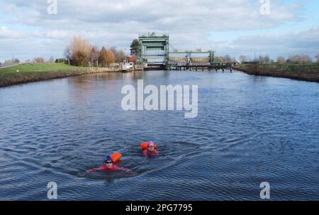 Peterborough, Großbritannien. 19. März 2023. Die Freiwasserschwimmer Karen Goodacre und Heather Yeoman genießen am 19. März 2023 ein erfrischendes Bad im Fluss Nene am Nordufer in der Nähe von Peterborough, Cambridgeshire. Kredit: Paul Marriott/Alamy Live News Stockfoto