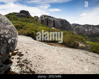 Granitplatte und Felsen unterhalb des Hayward Peak auf dem Nancy Peak Walk, Porongurup National Park, Westaustralien Stockfoto