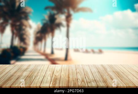 Leerer Holzterrassentisch über dem Strand-Bokeh-Hintergrund. Strandkonzept im Sommer. Stockfoto