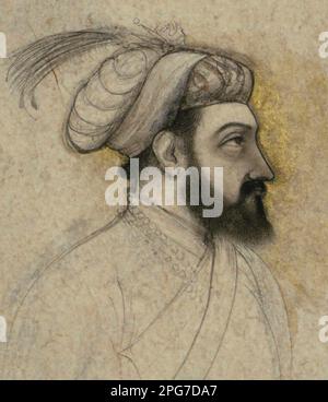 Indien: Portrait des Mogul-Kaisers Shah Jahan (5. Januar 1592 - 22. Januar 1666) eines unbekannten indischen Künstlers, Mitte des 17. Jahrhunderts. Shah Jahan war von 1628 bis 1658 Kaiser des Mogul-Reiches auf dem indischen Subkontinent. Der Name Shah Jahan stammt aus Persisch und bedeutet „König der Welt“. Er war der fünfte Mogul-Kaiser nach Babur, Humayun, Akbar und Jahangir. Die Zeit seiner Herrschaft war das goldene Zeitalter der Mogul-Architektur. Shahanshah Shah Jahan errichtete viele herrliche Denkmäler, von denen das berühmteste das legendäre Taj Mahal in Agra ist, das als Grab für seine Frau, Kaiserin Mumtaz Mahal, errichtet wurde Stockfoto