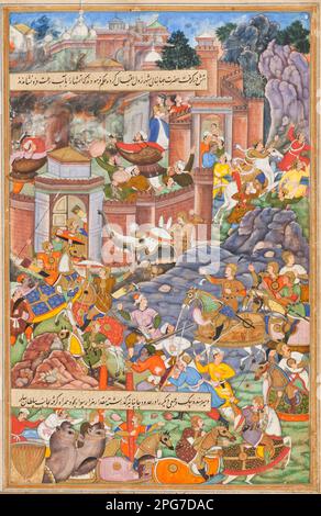 Indien: Der Flug von Sultan Bahadur während der Kampagne von Humayun in Gujarat (1535). Folio aus an Akbarnama (Geschichte Akbar) von Dharmdas (F. 16. Jahrhundert), c. 1590. Nasir ud-din Muhammad Humayun (7. März 1508 - 22. Februar 1556) war der zweite Mogul-Kaiser, der von 1530-1540 und wieder von 1555 bis 1556 Afghanistan, Pakistan und Teile Nordindiens regierte. Wie sein Vater, Babur, verlor er sein Königreich früh, aber mit persischer Hilfe erlangte er schließlich ein noch größeres. Am Vorabend seines Todes im Jahr 1556 erstreckte sich das Mogul-Reich über fast eine Million Quadratkilometer. Stockfoto