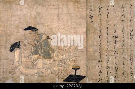 Japan: Einen erkälteten Mann untersuchen. Handscrollen-Gemälde aus dem Yamai no Soshi (Yamai Zoshi) oder „Diseases Scroll“, Mitte des 12. Jahrhunderts CE. Die Shihon Choshoku Yamai no soshi („Krankheiten und Missbildungen“, 紙本著色病草紙) ist eine Handschrift (Emakimono) aus dem späten Heian (12. Jahrhundert), die aus Farbgemälden auf Papier besteht, das zu gegebener Zeit in zehn separate Abschnitte geschnitten wurde. Sie sind im Kyoto National Museum erhalten und als nationales Juwel Japans gelistet. Stockfoto