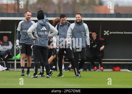 Tubize, Belgien. 21. März 2023. Der belgische Cheftrainer Domenico Tedesco zeigte sich während eines Trainings der belgischen Fußballnationalmannschaft Red Devils im RBFA-Hauptsitz der Royal Belgischen Fußballvereinigung in Tubize. Die Red Devils bereiten sich auf die bevorstehenden Spiele gegen Schweden und Deutschland vor. Kredit: Bruno Fahy/Belga Photo/Alamy Live News Stockfoto