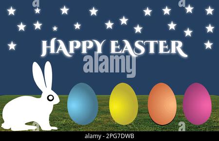 Osterhasen und farbige Eier vor dem Hintergrund des Sternenhimmels Stock Vektor