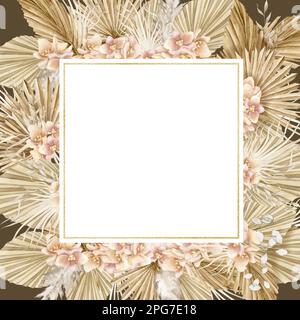 Blumenrahmen mit trockenen Palmenblättern und Orchideenblumen im Boho-Stil. Quadratische Vorlage für Grußkarten oder Hochzeitseinladungen. Von Hand gezeichnete Bohemische exotische Aquarelle mit goldener Textur. Stockfoto