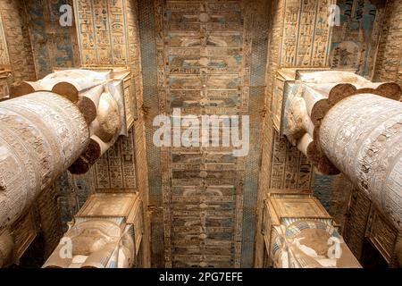 Säulen und Decke im Tempel der Hathor, Dendera, Ägypten Stockfoto