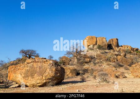 Malerische Felsenlandschaft mit Baobab-Bäumen im Mapungubwe-Nationalpark Stockfoto