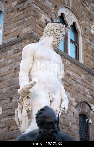 Der Neptun-Brunnen des Künstlers Bartolomeo Ammannati in der Pizza della Signoria, in der Nähe des Palazzo Vecchio, in Florenz, Italien Stockfoto