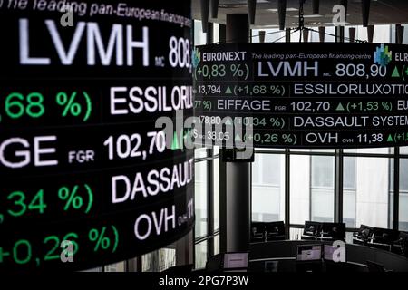 Paris, Frankreich. 21. März 2023. Am Montag, den 21. März 2023, werden die Aktienkurse an der Euronext NV-Börse in Paris, Frankreich, über einer Börse angezeigt. Foto: Eliot Blondet/ABACAPRESS.COM Kredit: Abaca Press/Alamy Live News Stockfoto