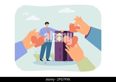 Hände, die einem kleinen Geschäftsmann mit einer großen Kreditkarte Herzen geben Stock Vektor