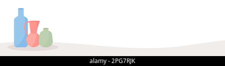 Farbenfrohe Keramikvasenzusammensetzung. Horizontales Banner. Speicherplatz kopieren. Für Einladungen, Postkarten, Poster und Beiträge in sozialen Medien. Vektordarstellung, fl Stock Vektor
