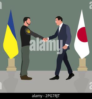 Kiew. Am 21. März 2023 kam der japanische Premierminister Kishida Fumio in die Ukraine. Der ukrainische Präsident und der japanische Ministerpräsident geben sich die Hand. Stockfoto