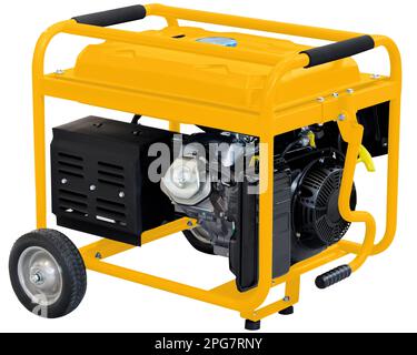 Tragbarer elektrischer Wechselstromgenerator, isoliert auf weiß. Diesel- oder Benzingenerator für Heim- und Industrieanwendungen Stockfoto