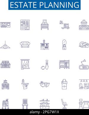 Symbole für die Immobilienplanungslinie sind gesetzt. Design-Sammlung von Wills, Trusts, Steuern, Probate, Erben, Grundkonzept für Erbschaft, Anwesen, Vormundschaft Stock Vektor
