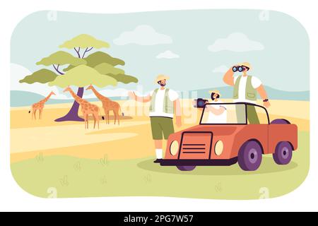 Cartoon-Reisende, die wilde afrikanische Tiere auf der Tour beobachten Stock Vektor