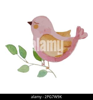 Aquarell-Darstellung mit pinkfarbenem Vogel, der auf einem Ast sitzt. Handbemalte Vektordarstellung Stock Vektor