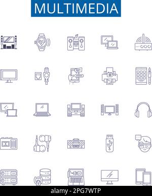 Symbole für Multimedia-Zeilen sind eingestellt. Design-Sammlung von Audio, Video, Grafik, Animation, Fotos, Konzeptvektor „Musik“, „Bilder“, „Textkontur“ Stock Vektor