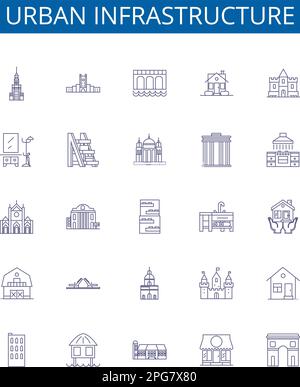 Symbole für städtische Infrastruktur Zeichen gesetzt. Design-Sammlung von Stadtlandschaft, Straßen, Brücken, Eisenbahnen, Abwasser, Versorgungsunternehmen, Straßenlaternen, Versorgungsunternehmen Stock Vektor