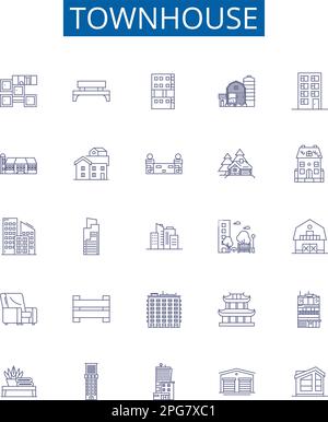 Townhouse Line Icons Schilder gesetzt. Design-Sammlung von Townhouse, Townhouse, Rowhouse, Villa, Cottage, Bungalow, Duplex, Condo Umriss Konzept Vektor Stock Vektor