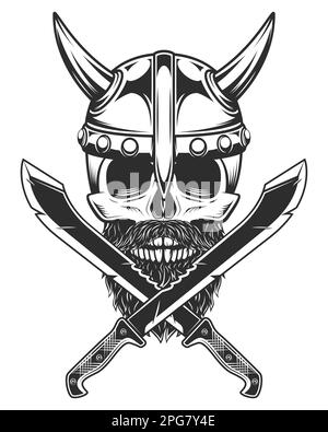 Wikingerschädel in Hornhelm mit Bart und Schnurrbart mit gekreuztem Machete scharfem Messer und Band. Die Jägerwaffe im Dschungel. Schwarz auf Weiß Stock Vektor