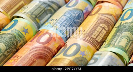 Stuttgart, Deutschland - 25. Februar 2023: Euro Banknotes Save Money Finances Background Pay Banknotes Banner In Stuttgart, Deutschland. Stockfoto