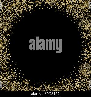Wintervektorrahmen mit Arabesken und Schneeflocken. Schwarz-goldene Grußkarte. Muster mit Schneeflocken Stock Vektor