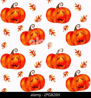 Handgezeichnetes nahtloses Muster mit Halloween-Kürbissen und -Blättern Stockfoto
