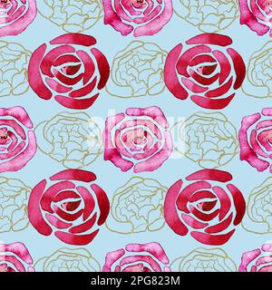 Nahtloses Muster in leuchtend rosa Rosenknospen. Handgezeichnete Rosen in Aquarellrosa und Rot. Stockfoto