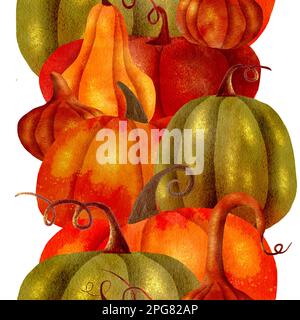 Handgezeichnete vertikale Rahmen nahtloses Muster Herbst Kürbisse in Aquarellfarben Halloween Stockfoto