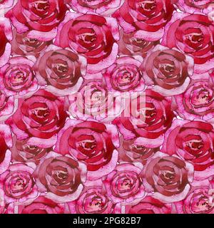 Nahtloses Muster in leuchtend rosa Rosenknospen. Handgezeichnete Rosen in Aquarellrosa und Rot. Stockfoto