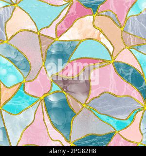 Luxuriöser Glitzer, nahtloses Muster, Gold kintsugi Crack. Gebrochene Marmorstruktur mit Gold. Stockfoto