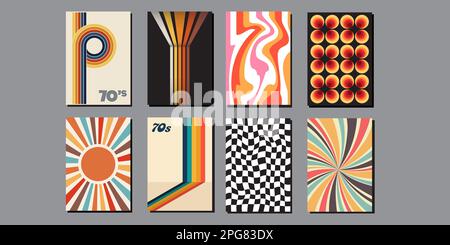 Kollektion mit 70er-Plakaten. Kunstwerke im Hippie-, flippigen, psychedelischen und Vintage-Stil. Die 70er-Jahre-Vibes sind Hintergründe. Vorlagen für Zeitschriften, Flyer, Stock Vektor