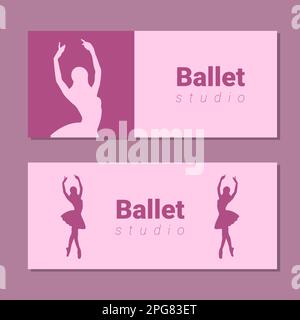 Entwurf von Theaterkarten. Ballettschüler-Flyer-Vorlage. Ballerina-Silhouette im Tutu- und pointe-Schuh. Pinkfarbenes und lilafarbenes Kartendesign. Vektordarstellung Stock Vektor