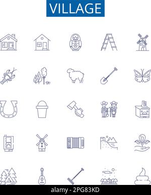 Symbole der Dorflinie sind eingerichtet. Design-Sammlung von Village, Hamlet, Settlement, Rural, Township, Community, Locale, Farmland-Kontur-Konzeptvektor Stock Vektor