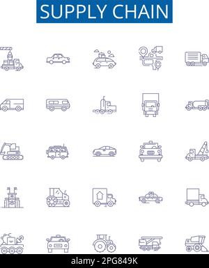 Symbole für Lieferketten-Linien festgelegt. Entwurfssammlung von Logistik, Versorgung, Distribution, Beschaffung, Fluss, Management, Fertigung, Lieferung Stock Vektor