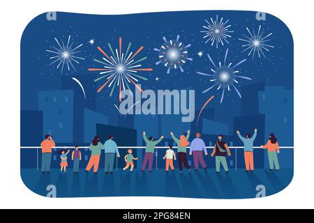 Stadtbild mit einer Menge glücklicher Menschen, die ein Feuerwerk am Himmel betrachten Stock Vektor