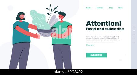 Weibliche Zeichentrickfigur, die einem männlichen Freund eine Topfpflanze gibt Stock Vektor