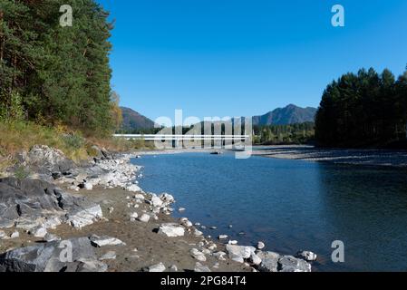 Ein ausgetrockneter Kanal des Flusses Katun mit einer Brücke über den Fluss an einem hellen Tag in Altai im Herbst in Sibirien. Stockfoto