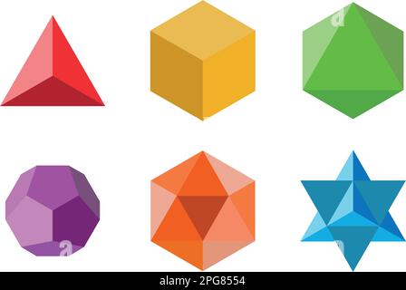 Set geometrischer Elemente und Formen: Pyramide, Würfel, Oktaheder, Dodekaeder, Ikosaeder und Davids Star. Vektorentwürfe der heiligen Geometrie Stock Vektor