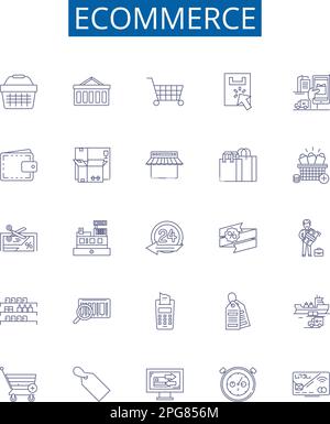 E-Commerce-Zeilensymbole Zeichen eingestellt. Design-Sammlung von Einkaufen, Einkaufen, Verkaufen, Handel, Handel, Digital-, Waren- und Einzelhandelskonzepte Stock Vektor