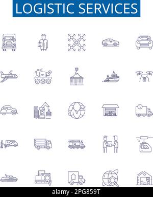 Symbole für die Logistikdienste-Zeile sind gesetzt. Designsammlung von Logistik, Dienstleistungen, Versand, Lieferung, Fracht, Umriss Fracht, Lager, Versand Stock Vektor