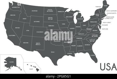 USA-Kartenvektordarstellung isoliert auf weißem Hintergrund mit Ländernamen in spanischer Sprache. Bearbeitbare und deutlich beschriftete Ebenen. Stock Vektor