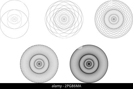 Set geometrischer Elemente und Formen. Heilige Geometrie Vesica Piscis Entwicklung und Evolution. Vektorkonstruktionen Stock Vektor