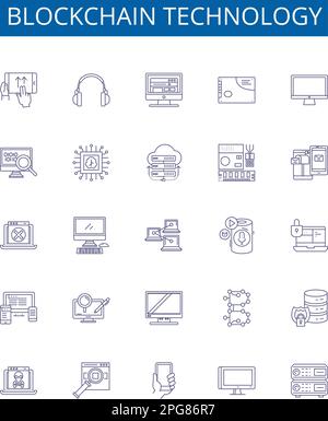 Blockchain-Technologie Linienzeichen gesetzt. Design-Sammlung von Blockchain, Technologie, dezentralisiert, Ledger, Kryptografie, Kryptowährung Stock Vektor