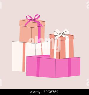 Zusammensetzung verschiedener Geschenkschachteln mit Schleifen. Isolierte Vektordarstellung für Konstruktion. Rosa, Beige und Weiß. Stock Vektor
