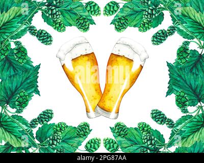 Ein Glas Bier, Hopfen und Blätter. Aquarell-Bier-Kollektion Stockfoto
