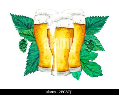 Ein Glas Bier, Hopfen und Blätter. Aquarell-Bier-Kollektion Stockfoto
