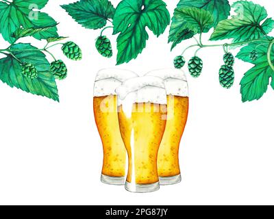 Ein Glas Bier, Hopfen und Blätter. Aquarell-Bier-Kollektion Stockfoto