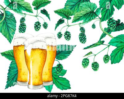 Ein Glas Bier, Hopfen und Blätter. Aquarell-Bier-Kollektion Stockfoto