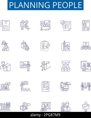Liniensymbole für Planning People (Planer) sind eingerichtet. Entwurfssammlung von Planung, Organisation, Planung, Zuteilung, Strategieplanung, Überwachen, Delegieren Stock Vektor